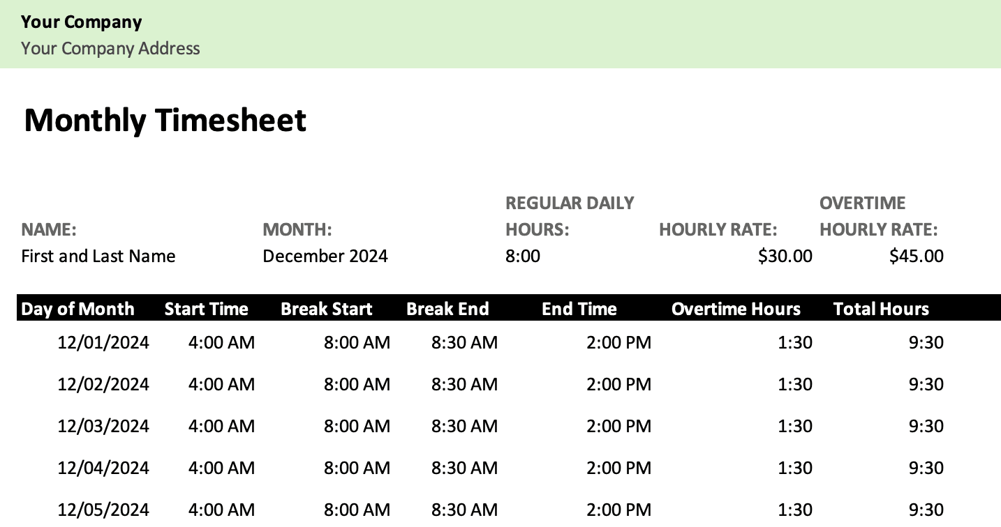 Monthly Timesheet Example