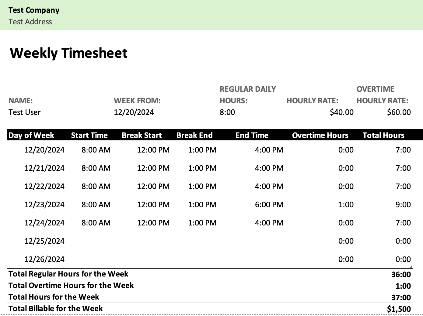 Weekly Timesheet Example